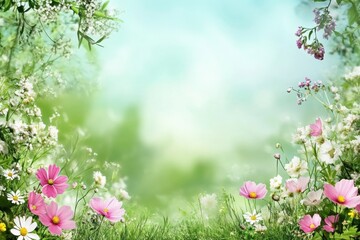 Fototapete - Colorful spring flowers frame a tranquil natural backdrop with ample space for text or creative designs. Generative AI