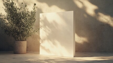 Aufkleber - Blank canvas stands against a textured wall with a plant in a pot in soft natural light. Generative AI