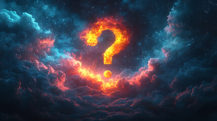 Wall Mural - fiery question mark illuminated amidst vibrant clouds under a starry night sky, symbolizing inquiry
