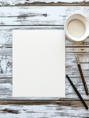 Poster - Blank sheet of paper, pen, and tools on wooden desk for creative writing and art projects. Generative AI