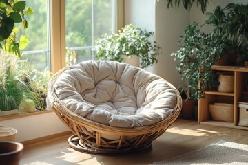 Canvas Print - Cozy sunlit living room with papasan chair and indoor plants