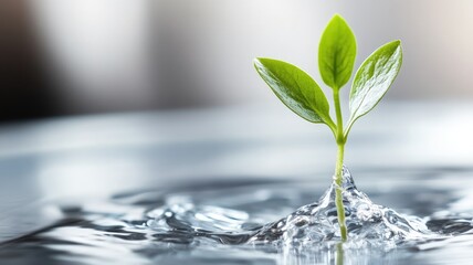 Wall Mural - Young plant sprouting from water symbolizes growth, renewal, and sustainability