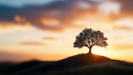 Wall Mural - silhouette of lone tree on hill at sunset, colorful sky