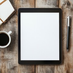 Leinwandbilder - Empty digital tablet on a wooden table with coffee, notebook, and pen, ideal for mockup and text placement. Generative AI