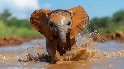 adorable baby elephant splashing playfully in muddy water.