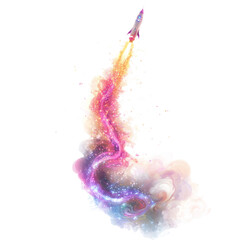 Wall Mural - a vibrant digital painting depicts a rocket ascending through a swirling cosmic nebula trail of spar