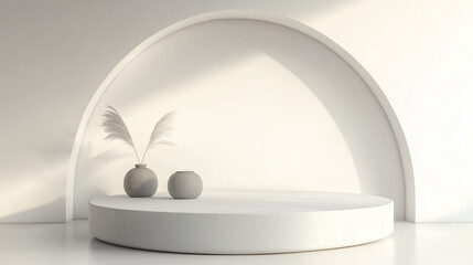 Fototapete - Minimal 3D render of a white podium with an elegant arch in the background. Modern product display scene featuring a round stone platform, natural light from a window, and a clean white interior wall 