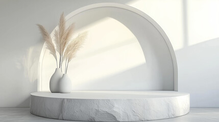 Fototapete - Minimal 3D render of a white podium with an elegant arch in the background. Modern product display scene featuring a round stone platform, natural light from a window, and a clean white interior wall 