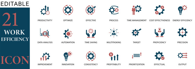 editable vector icon set featuring 21 work efficiency symbols, including productivity, time manageme