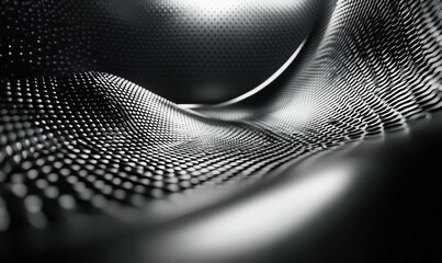 Abstract black metallic wave with dotted texture, dark background, ideal for tech or design projects