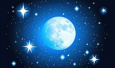 bright blue full moon glowing in the night sky surrounded by twinkling stars