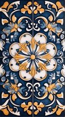 Blue floral ceramic tile wall detail, ornate design, home decor