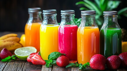 Wall Mural - Vibrant and colourful blended fruit juices in glass container on the wooden table, healthy and delicious, orange, yellow, red, green colour