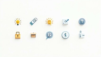 Minimalist colorful round business icons with lightbulb, thermometer, lock, money symbols, isolated on white background, suitable for website, app interface, technology, finance, clean modern style b