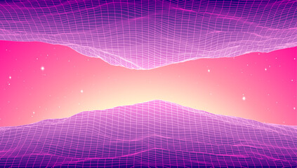 Wall Mural - retro low poly grid landscape with polygonal mountain, palm trees silhouettes and sun, vector illust