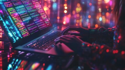 Person coding on laptop at night.