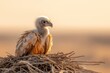 © Thanyarat - A juvenile vulture perched on a nest made of sticks, its fluffy feathers contrasting with the barren environment