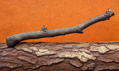 Wall Mural - Dry branch on bark against orange wall, rustic nature backdrop