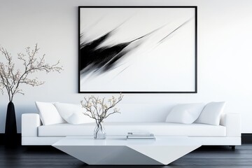Poster - A minimalist living room with a white sofa, a single geometric coffee table, and soft shadows rendered in V-Ray for a clean, modern look