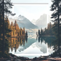 Aufkleber - Stunning mountain lake view with clear reflection and surrounding trees creating ideal space for text. Generative AI