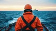 © SunPunjiStudio - Worker in Orange Safety Gear Observing Ocean at Sunset