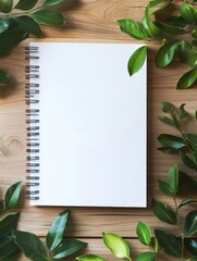 Poster - Blank spiral notebook surrounded by green leaves on wooden table inviting text creation or design. Generative AI