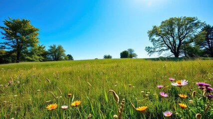 A beautiful meadow under a clear blue sky with wildflowers and trees, meadow landscape, wildflowers, serene environment