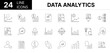 © ICON WORLD - Collection of 24 Data analytics line icons featuring editable strokes. These outline icons depict various modes of Data analytics, Accurate business chart classification, cleaning,