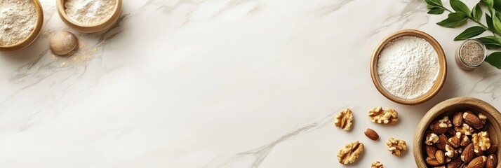 Poster - Neutral space with bowls of nuts and flour ready for baking or cooking preparation. Generative AI