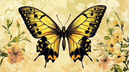 Poster - Yellow Butterfly Amidst Delicate Floral Blooms