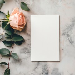 Poster - Elegant blank card positioned beside a soft pink rose and greenery on a marble surface. Generative AI