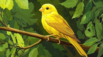 Poster - A Vivid Yellow Bird Perched on a Branch Amidst Green Leaves