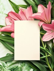 Leinwandbilder - Blank card surrounded by pink lilies and green leaves for creative design use. Generative AI