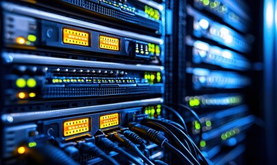 Server room with network cables and blinking lights, ideal for tech backgrounds