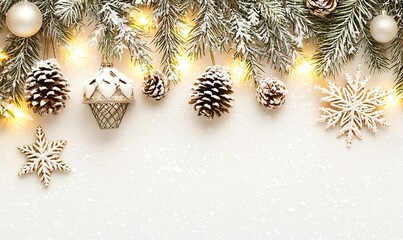 Snowy fir branches, ornaments, lights on white backdrop for holiday cards or website banners