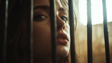 Wall Mural - Woman looking through iron bars, pensive expression, vintage window, soft natural light, introspective mood