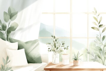 Leinwandbilder - A soft watercolor painting of a contemporary living room with large windows, a cozy sofa, and warm light washing over the space