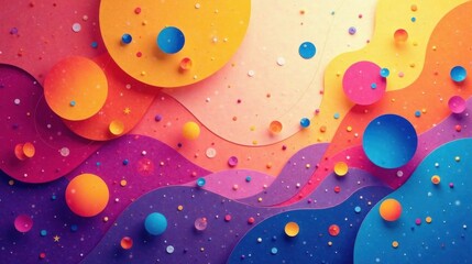 abstract colorful paper cutout cosmic landscape with vibrant spheres and sparkling dust