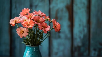 Poster - Floral arrangement in a turquoise vase with a rustic wooden backdrop suitable for text. Generative AI