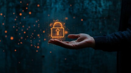 Poster - A hand holds a glowing digital padlock, symbolizing cybersecurity and data protection against a dark, textured background.