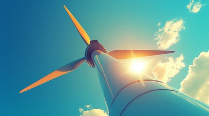 Aufkleber - A wind turbine stands tall against a bright sky, with sunlight illuminating its blades and a backdrop of fluffy clouds.
