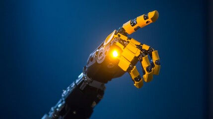 Poster - A robotic hand with yellow accents points upward, illuminated by a soft glow, symbolizing advanced technology and innovation.