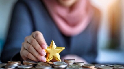 Poster - A person in a business suit places a golden star atop a pile of coins, symbolizing success and achievement in finance.