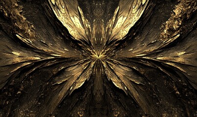 Wall Mural - Abstract golden fractal wings bursting from dark center, ideal for backgrounds or textures