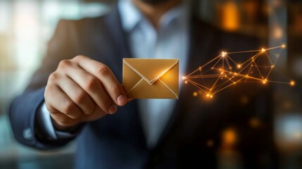 Leinwandbilder - A business professional holds a golden envelope, with digital connections emerging, symbolizing communication and technology in a modern setting.