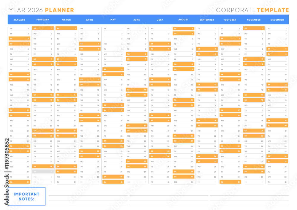 2026 Corporate Planner Template, Horizontal OnePage Calendar with