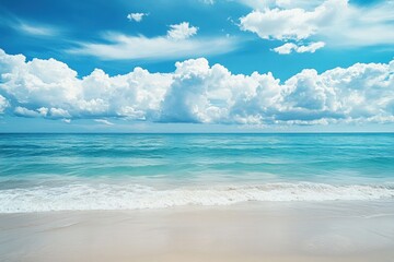 Fototapete - Tranquil ocean view with waves gently lapping at a sandy beach under a blue sky with fluffy clouds. Generative AI