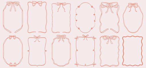 bow frame drawing. vintage hand drawn ribbon coquette border. trendy vector doodles elegant ribbons 