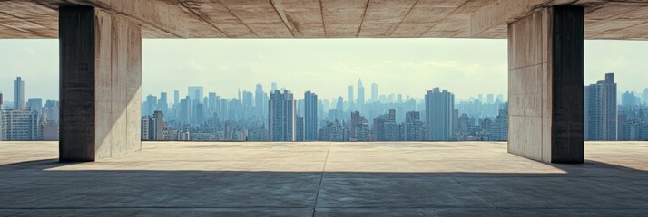 Poster - Large, empty concrete structure with pillars provides a panoramic view of a modern cityscape with skyscrapers and buildings extending into the horizon under a bright daytime sky