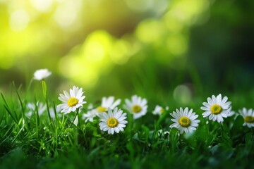 Fototapete - Bright daisies blooming in a green meadow under warm sunlight with ample space for creative text placement. Generative AI